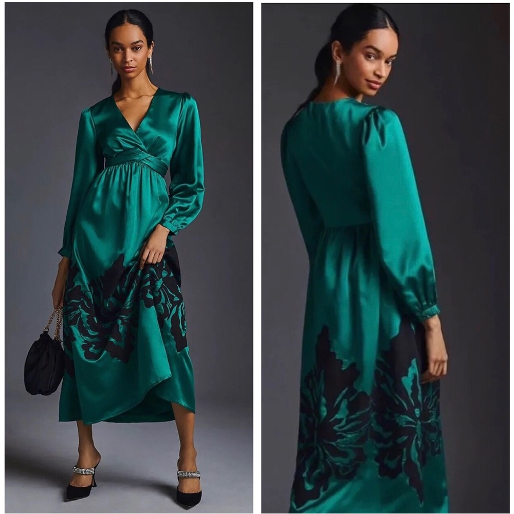 Anthropologie Nikasha Embroidered Satin Puff Sleeves Teal Cocktail Maxi Dress XS